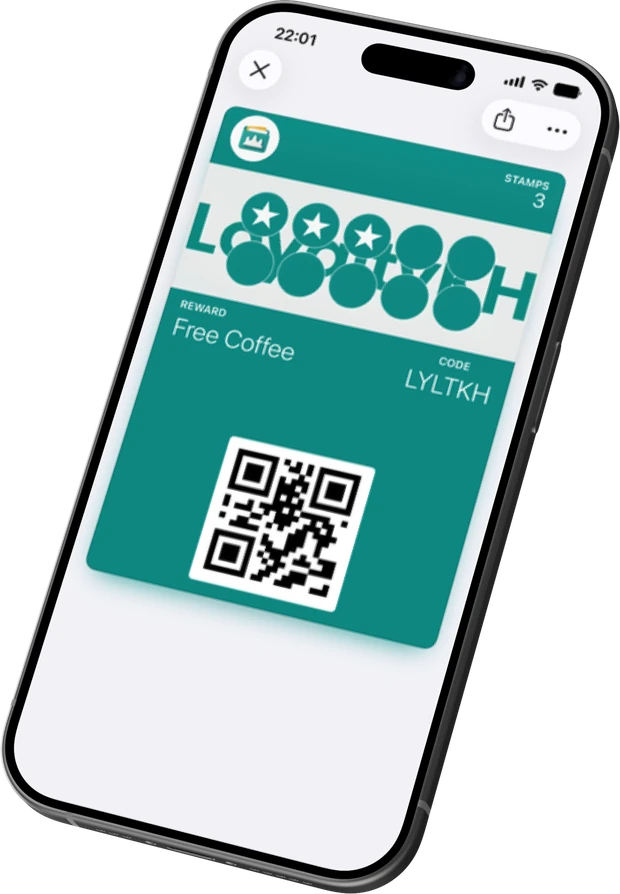 A LoyaltyKH stamp card in the Wallet app on an iPhone, showing three of ten stamps collected toward a free coffee.